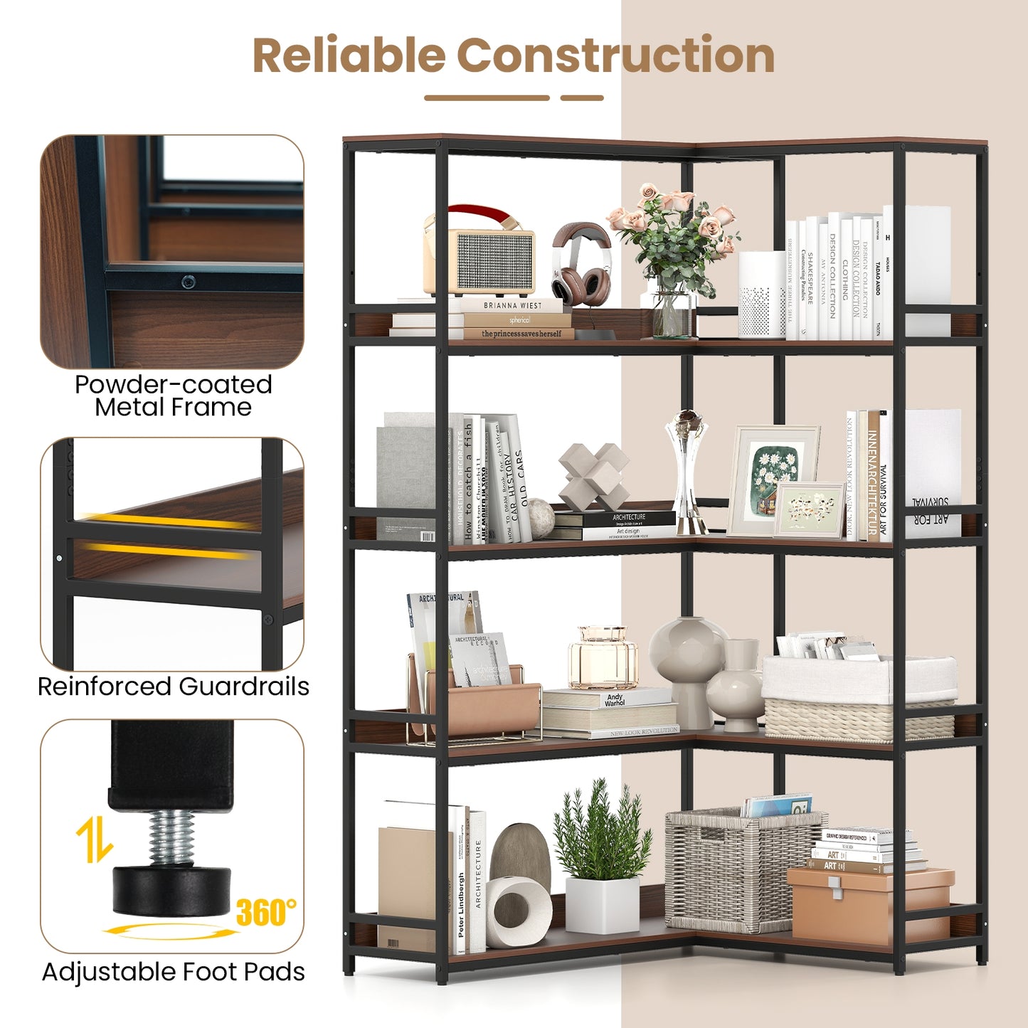 Corner Bookshelf, 5-Tier L-Shaped Bookcase, Walnut Metal Frame Bookcases at Gallery Canada
