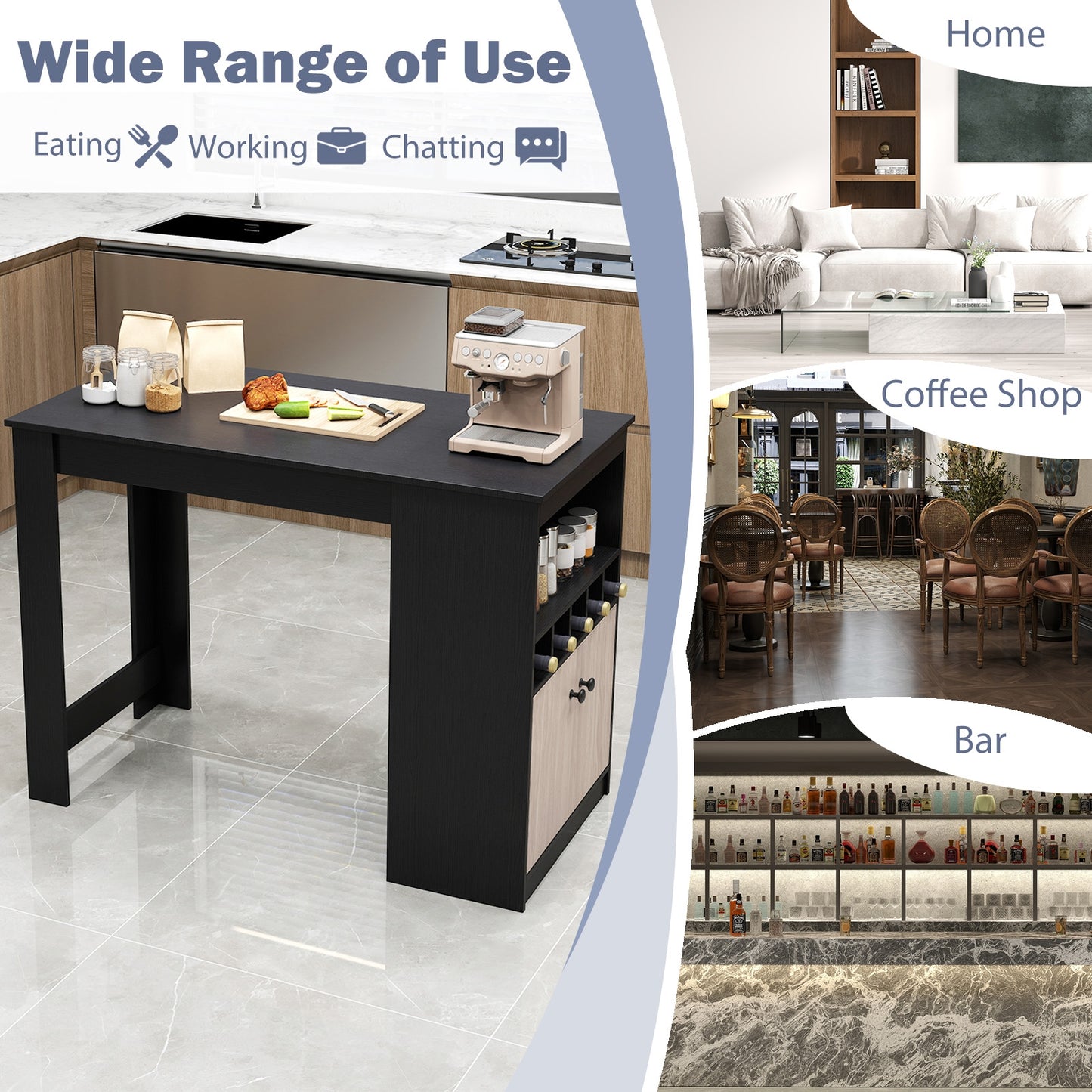 48 Inch Bar Table With Storage Cabinet, Wine Rack, Black Bar Tables at Gallery Canada