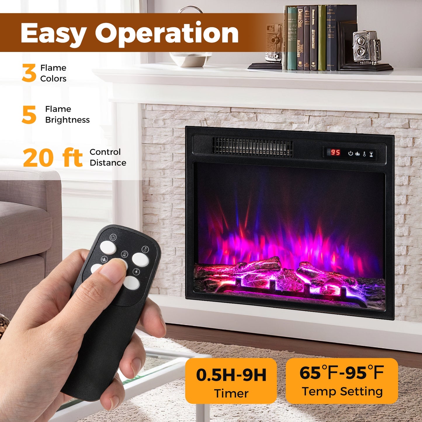 18 Inch Electric Fireplace Insert, 750W/1500W, Remote Control, Adjustable Flame Colors, Black Fireplaces at Gallery Canada