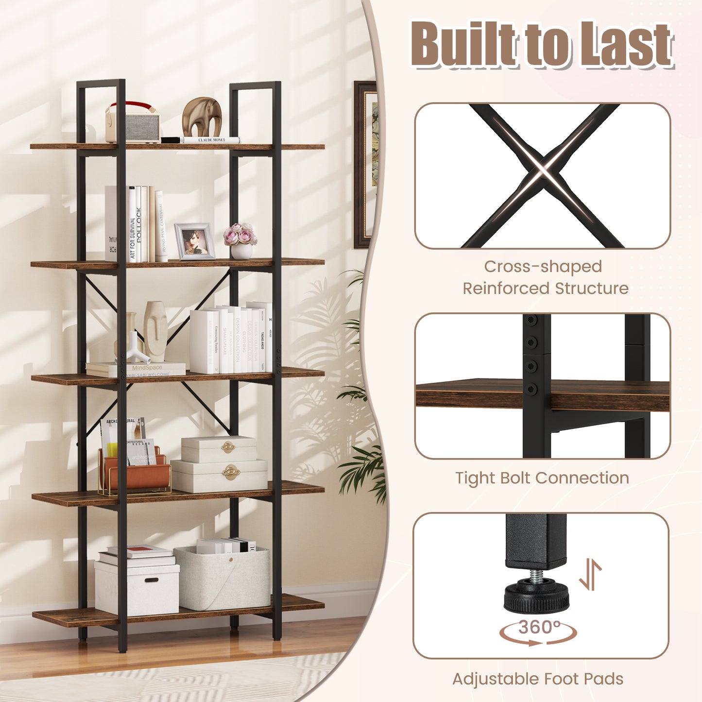 5-Tier 62 Inch Vintage Industrial Bookcase, Rustic Brown Bookcases at Gallery Canada