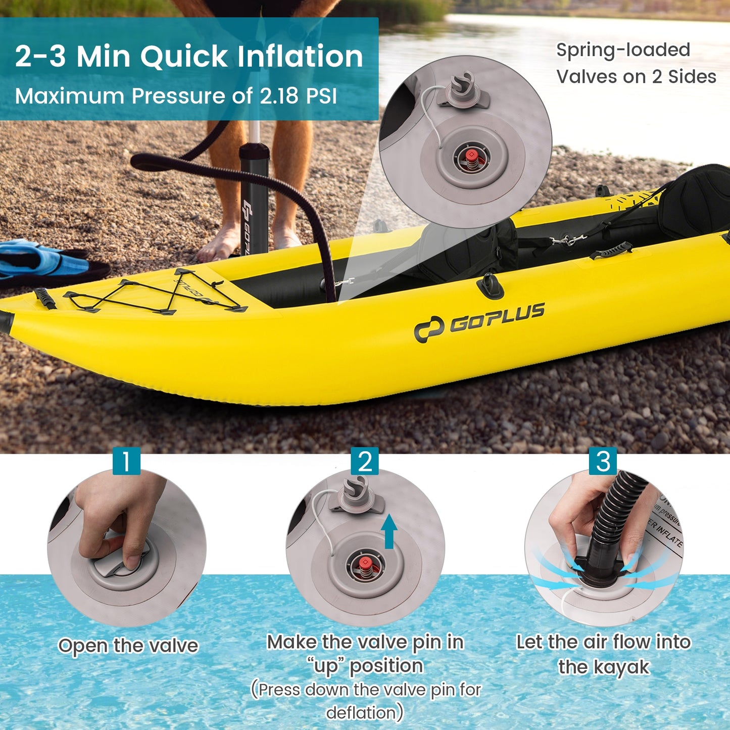Inflatable 2-Person Kayak Set, Aluminium Oars, Repair Kit, Yellow