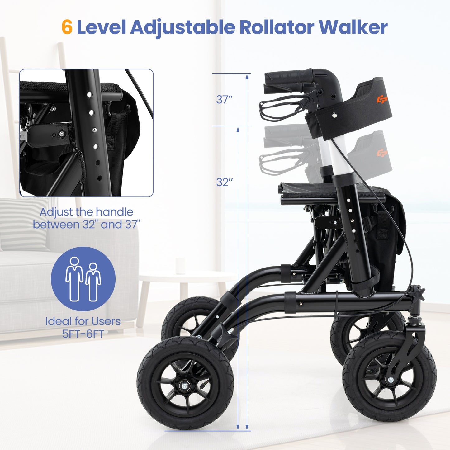 Foldable Height Adjustable Rollator Walker With Seat, Black Walkers & Rollators at Gallery Canada