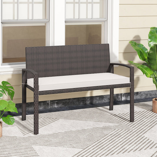 Wicker 2-Seat Bench, Soft Cushion, Metal Frame, White Outdoor Benches White at Gallery Canada