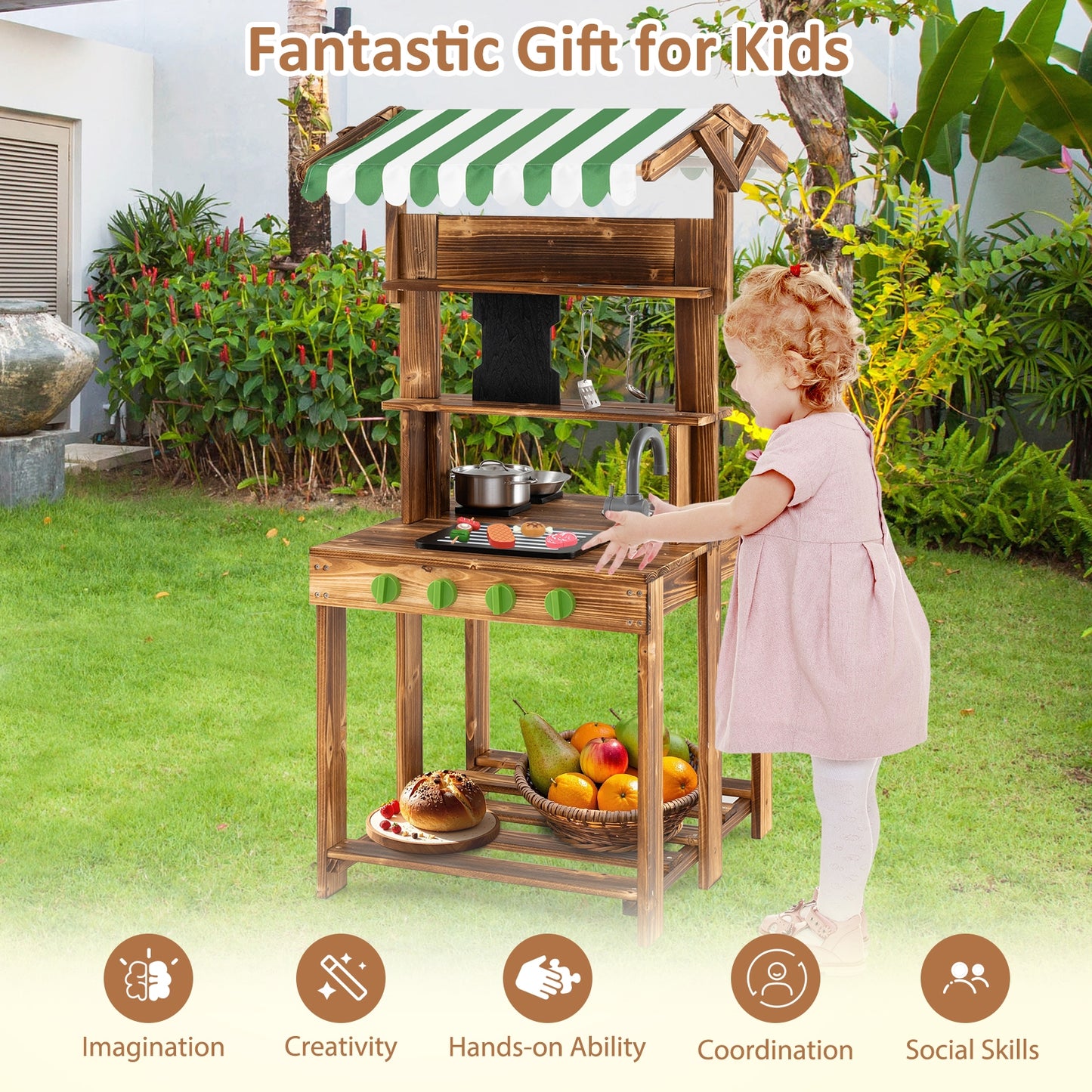 Double-Sided Mud Kitchen with Canopy and Chalkboard for 3+ Years Old, Natural Play Kitchen Sets at Gallery Canada