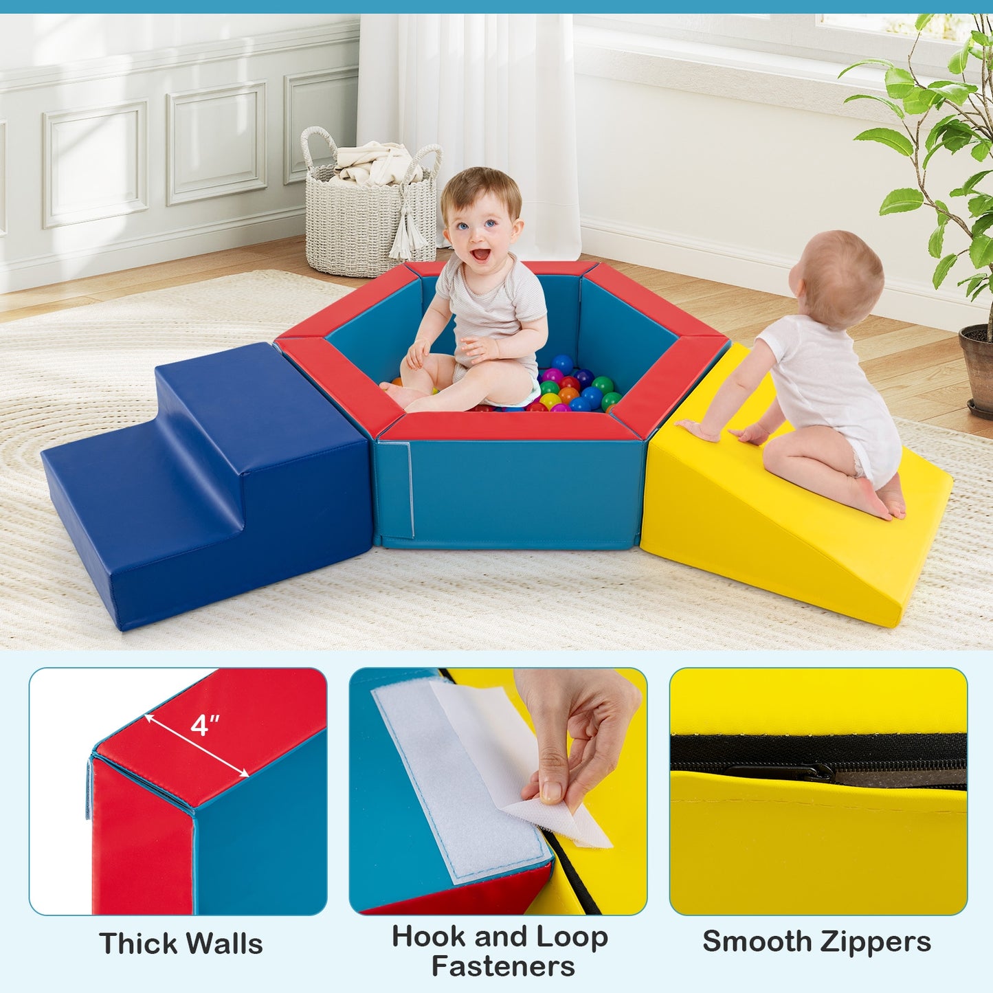 3-Piece Baby Foam Climbing Blocks Climb and Crawl Set with 100 Ocean Balls, Yellow Climbers & Slides at Gallery Canada