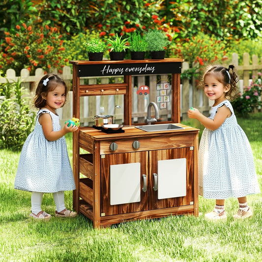 Fir Wood Mud Kitchen, 4 Pots, Faucet, Removable Sink, Natural Play Kitchen Sets Natural at Gallery Canada