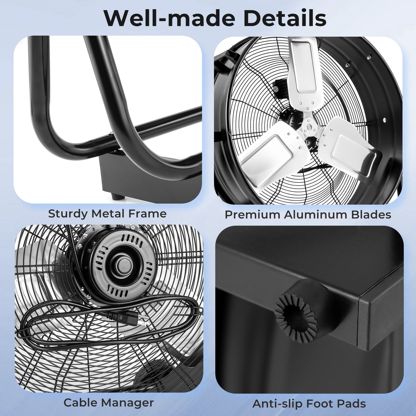 Ventilateur à tambour industriel, 2 roues, inclinaison réglable à 360 degrés, noir