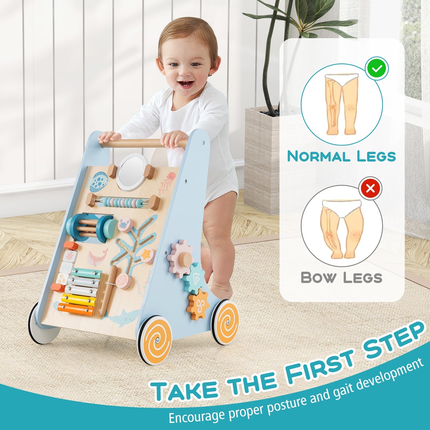 Wooden Baby Walker Push and Pull Learning Activity Center with Wheels, Blue Baby Activity at Gallery Canada