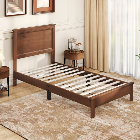 Twin Size Wooden Bed Frame with Headboard and Slat Support, Walnut Simple Bed Frame Walnut at Gallery Canada