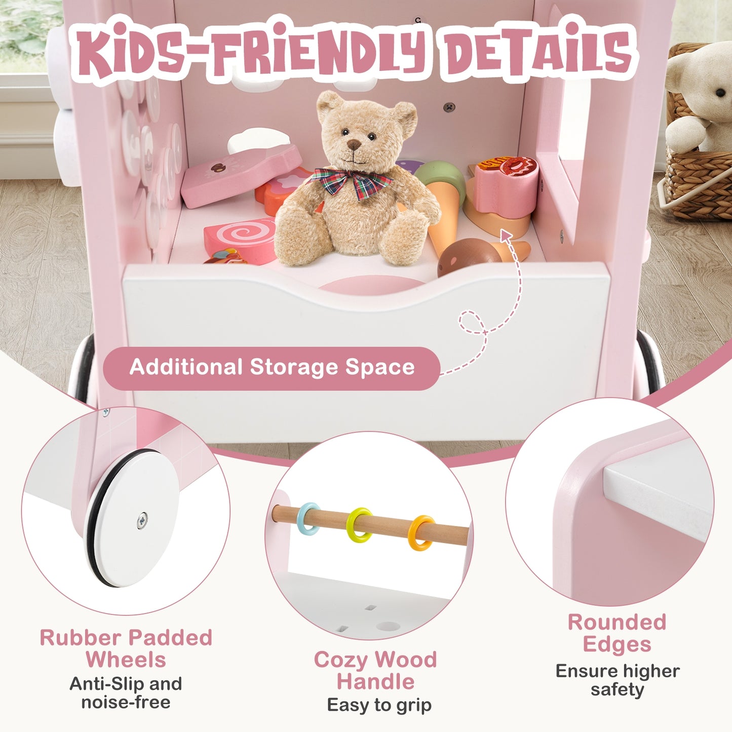 2-in-1 Baby Walker with Storage and Ice Creams for 1+ Years Old, Pink Baby Activity at Gallery Canada