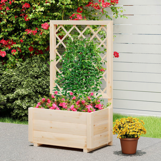 Wooden Raised Garden Bed, Elevated Planter Box With Lattice Trellis-S, Natural Raised Garden Beds Natural at Gallery Canada