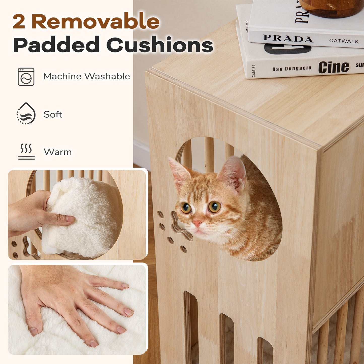 2-tier Wooden Cat Condo Indoor Symmetrical Cat House with Removable Cushions, Natural Cat Houses at Gallery Canada
