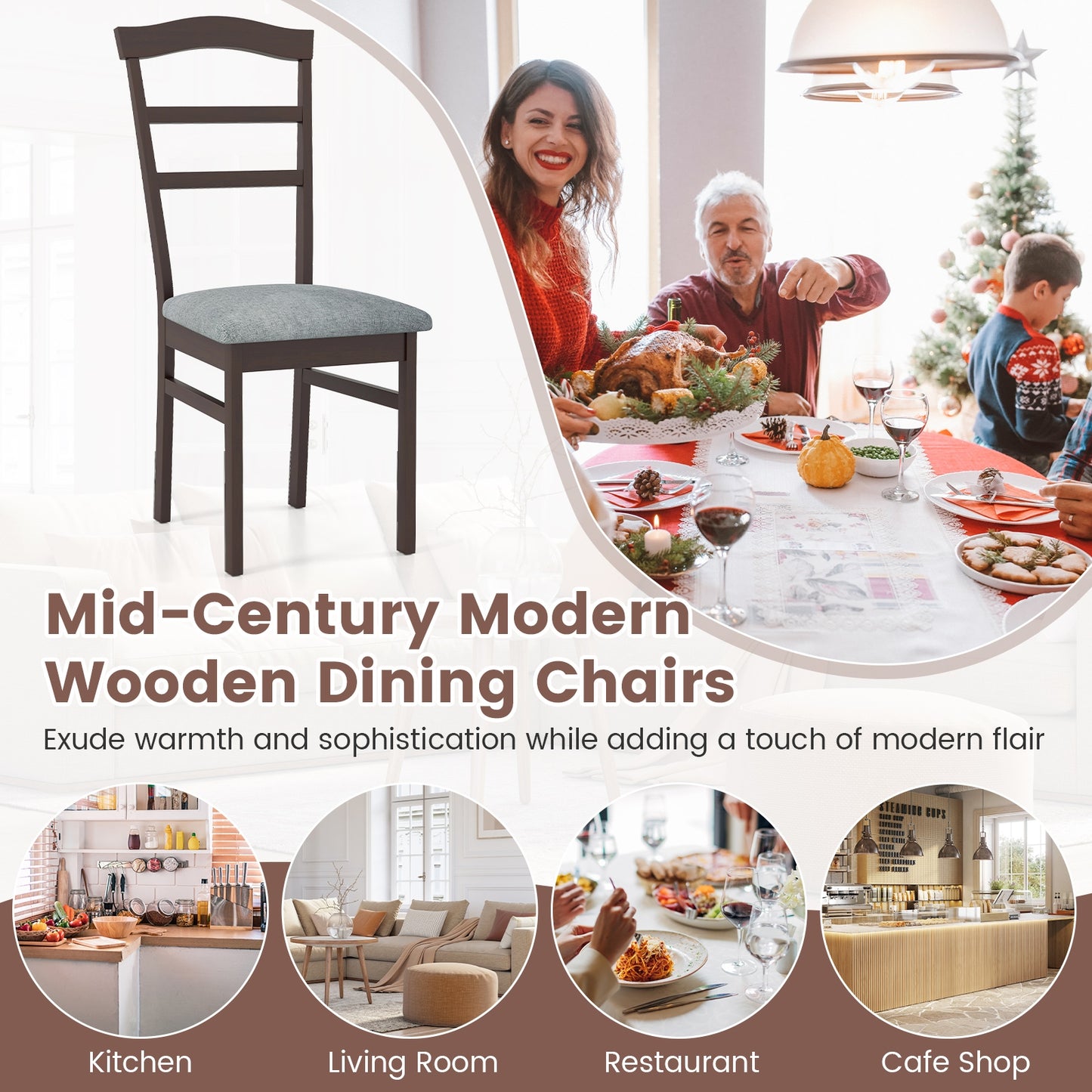 Wooden Dining Chair Set of 2 Linen Fabric Upholstered Kitchen Chairs Farmhouse Side Accent Chairs