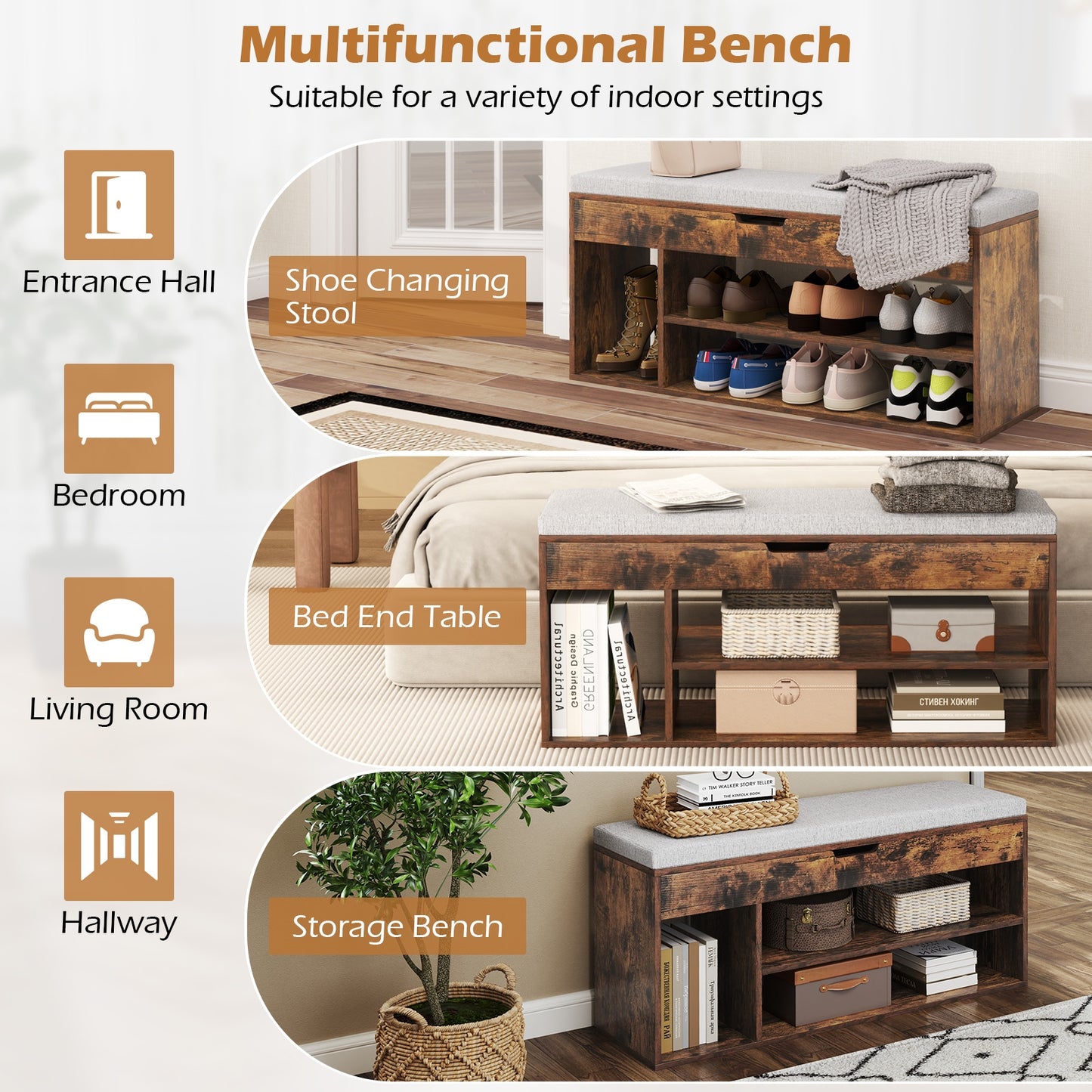 Padded Shoe Bench With Hidden Storage, 3 Open Shelves, Coffee
