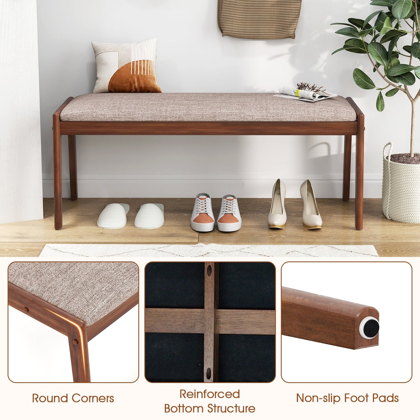 45 Inch Farmhouse Bench, Rubber Wood Legs, Fabric Padded Seat, Beige