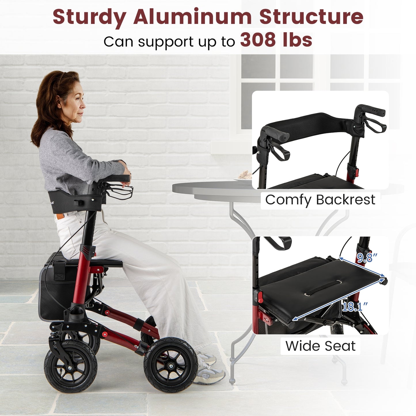 Folding Rollator Walker With Seat, All Terrain, Red Walkers & Rollators at Gallery Canada