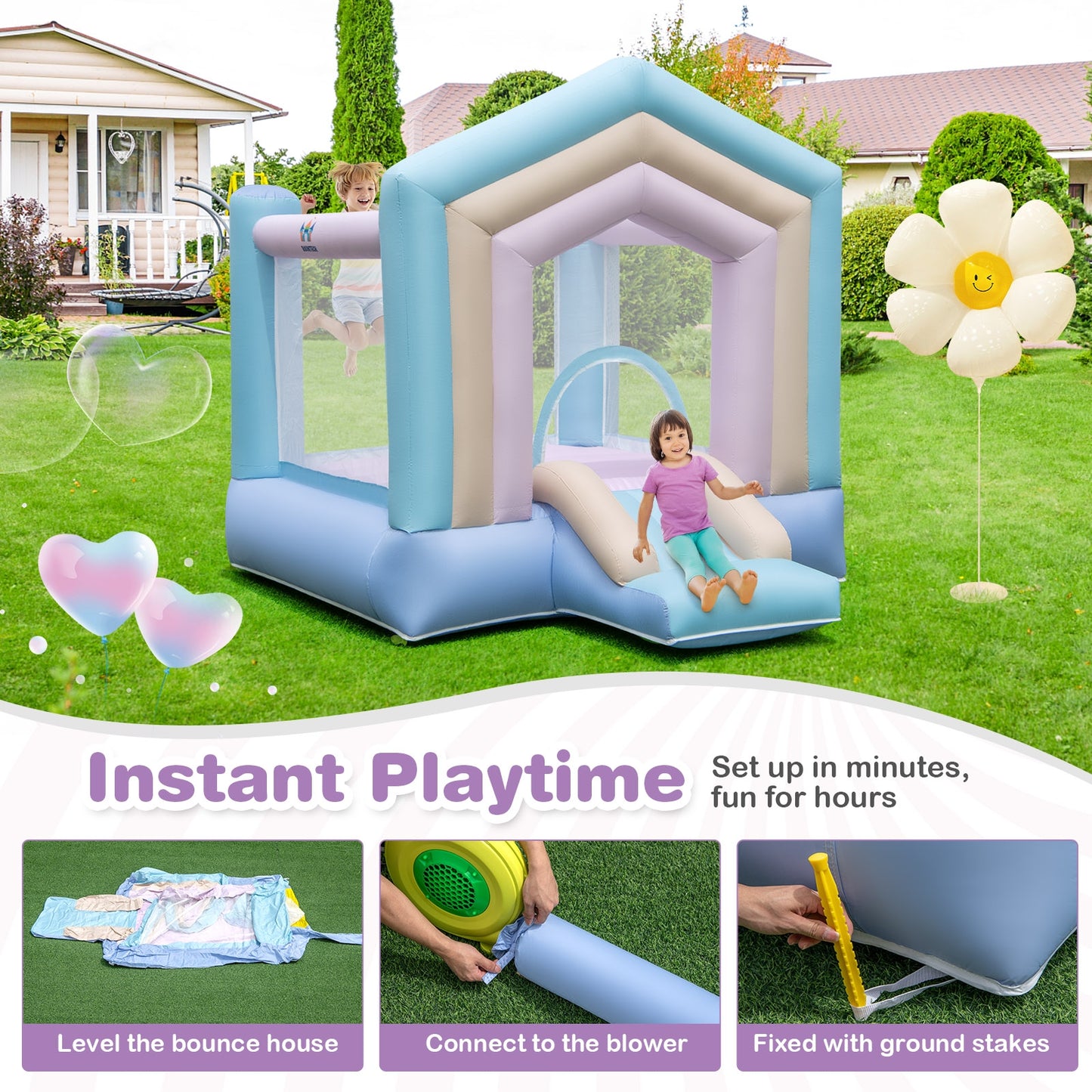 Maison Gonflable pour Enfants Avec Toboggan, Panier de Basketball, Souffleur 480W, Multicolore