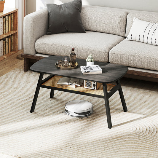 2-Tier Rectangular Center Coffee Table with Rattan Storage Shelf and Rubber Wood Legs, Dark Gray Coffee Tables Dark Gray at Gallery Canada