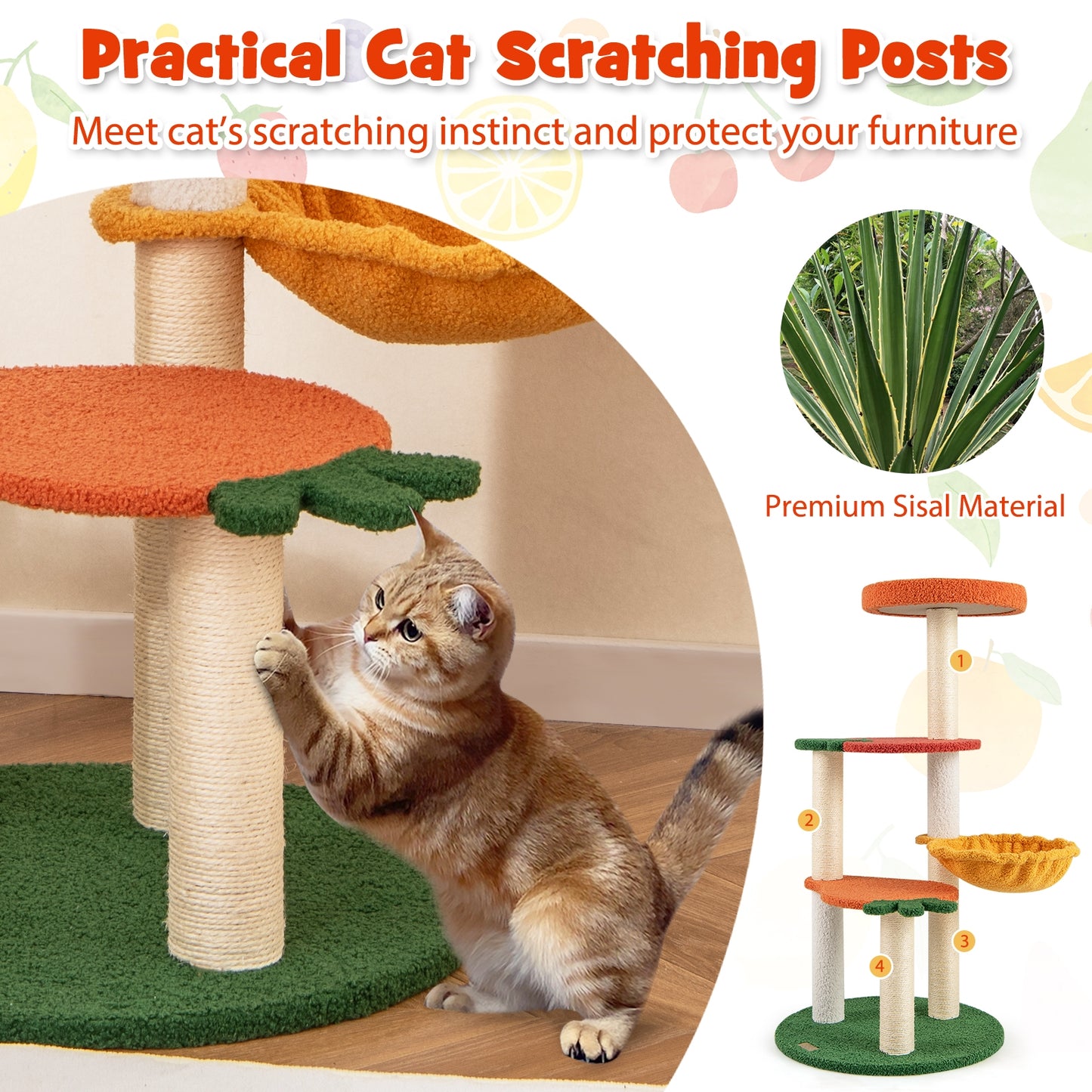 Multi-Level Cat Tree, Fruit-Shaped Platforms, Orange