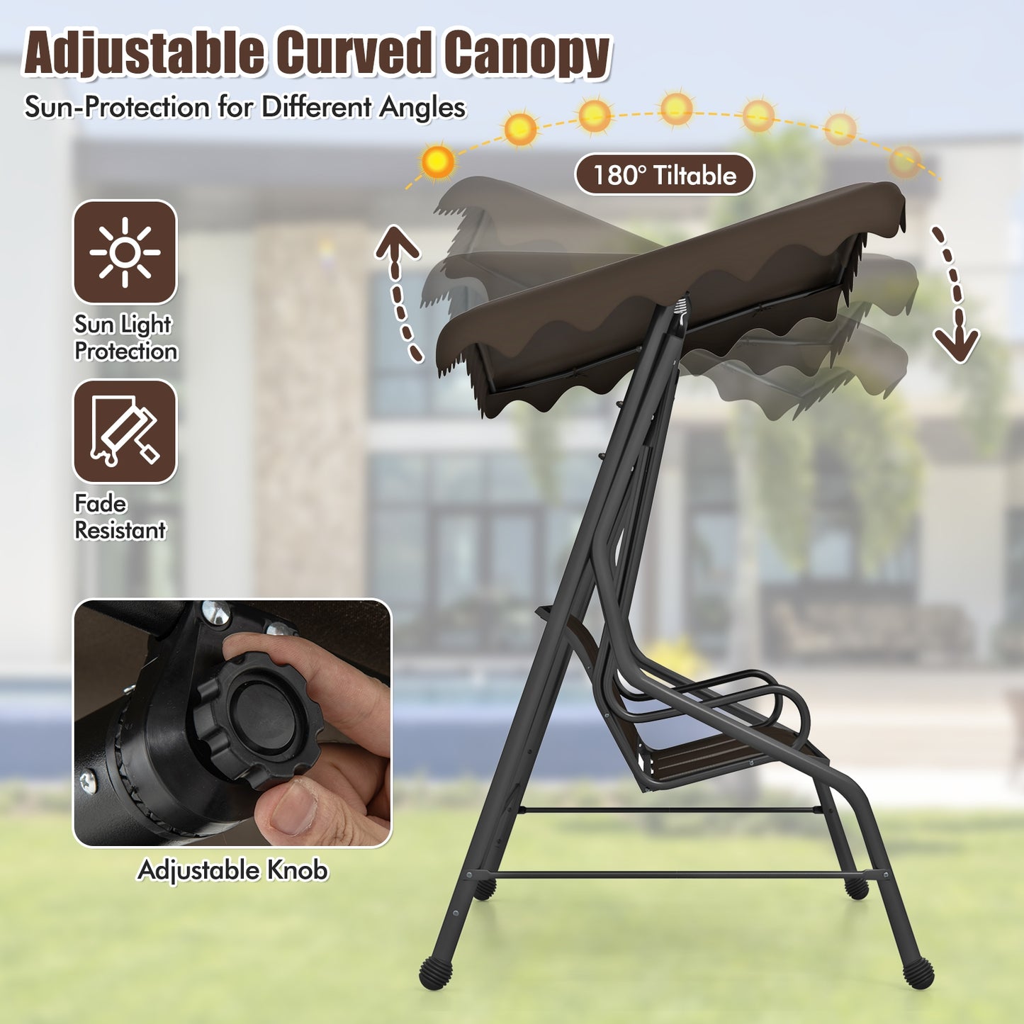 3-Seat Outdoor Porch Canopy Swing with Adjustable Shading, Brown Porch Swings at Gallery Canada