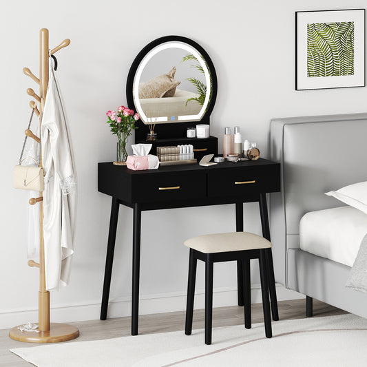 Small Vanity Makeup Dressing Table Set with Cushioned Stool and LED Lighted Mirror, Black Makeup Vanities Black at Gallery Canada