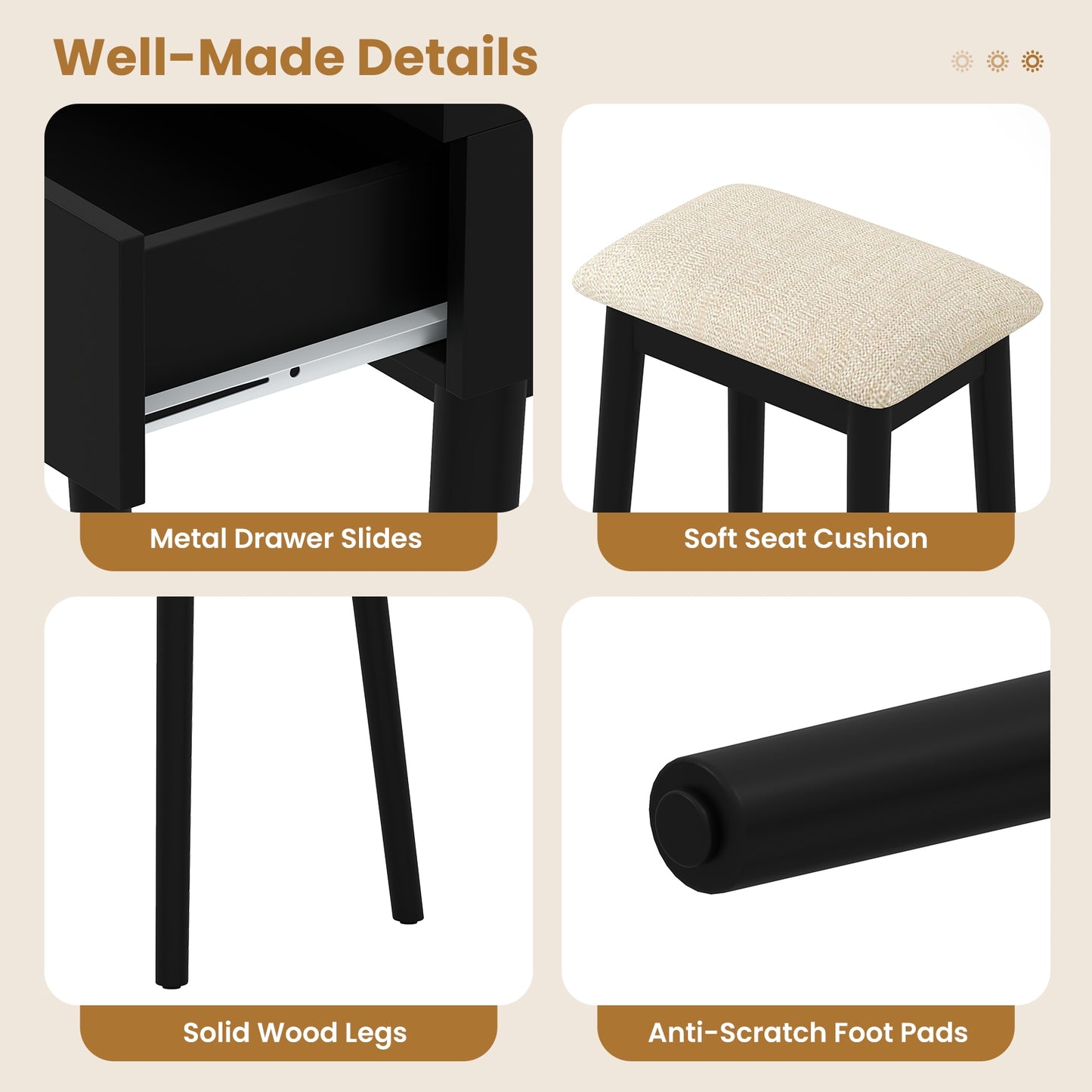 Small Vanity Table Set With Cushioned Stool, LED Mirror, Black Makeup Vanities at Gallery Canada