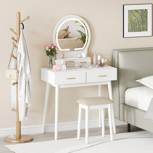 Small Vanity Makeup Dressing Table Set with Cushioned Stool and LED Lighted Mirror, White Makeup Vanities White at Gallery Canada