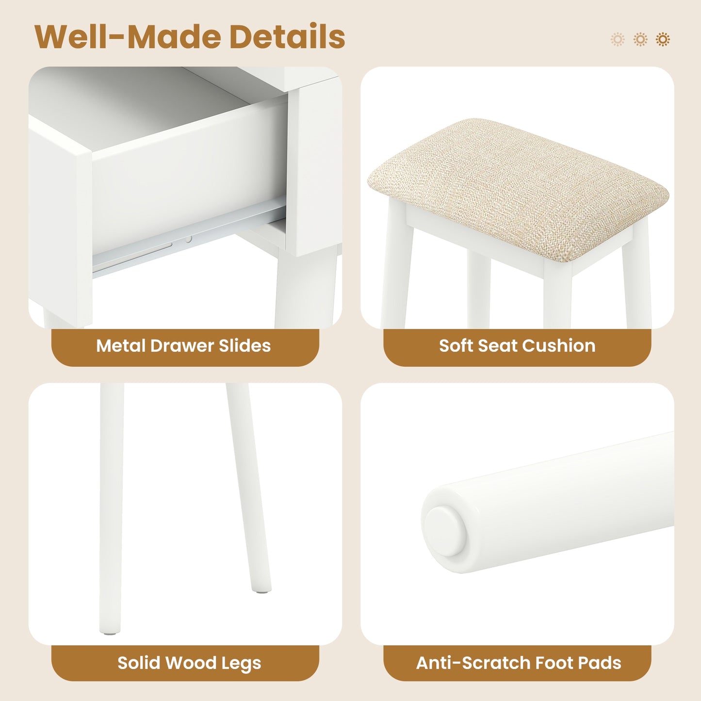 Small Vanity Makeup Dressing Table Set with Cushioned Stool and LED Lighted Mirror, White Makeup Vanities at Gallery Canada