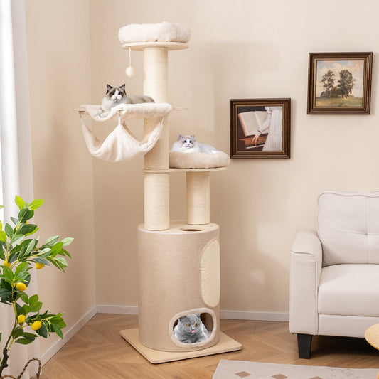 74 Inches Tall Wooden Cat Tower, 2-Story Cat Condo, Washable Cushions, Natural