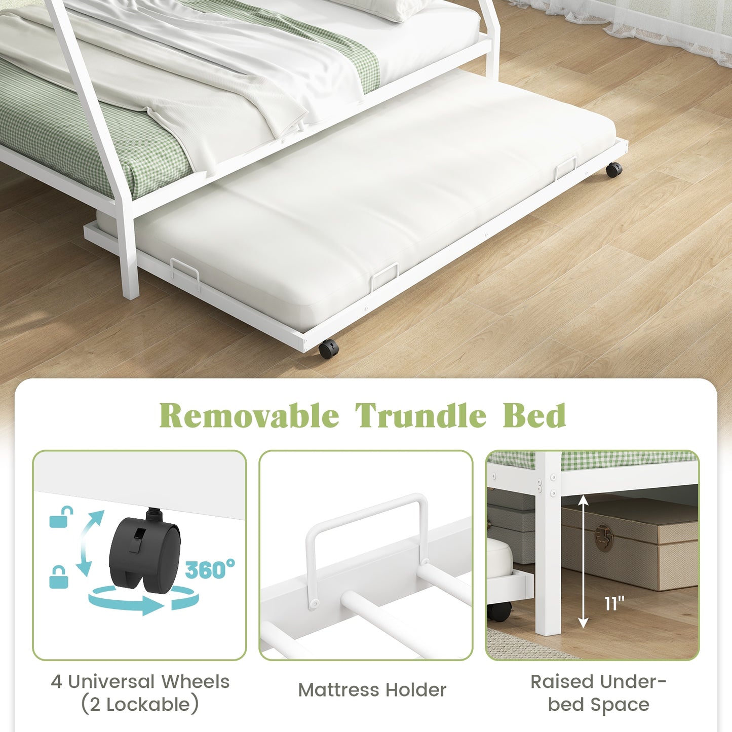 Twin Over Full Bunk Bed Frame with Trundle for Guest Room, White Bunk Bed Frame at Gallery Canada