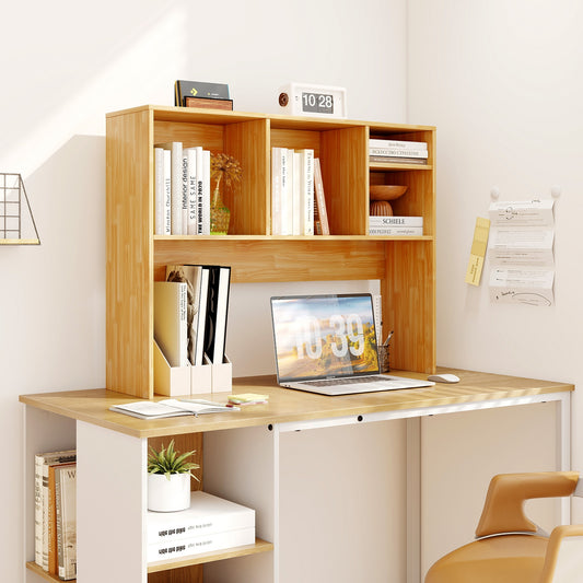Computer Desktop Bookcase with 4 Cubbies and Open Back Compartment, Beige Bookcases Beige at Gallery Canada