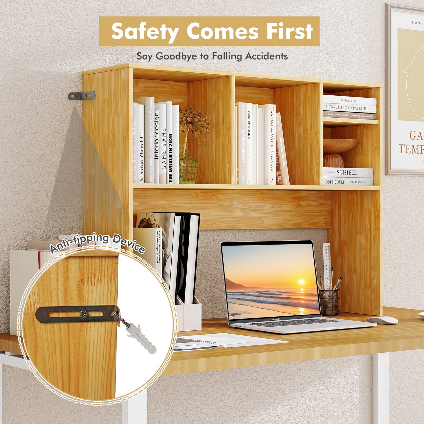 Computer Desktop Bookcase, 4 Cubbies, Open Back Compartment, Beige Bookcases at Gallery Canada