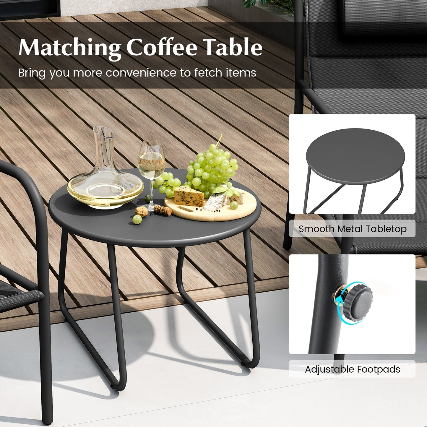 Ensemble Bistro Extérieur 3 Pièces, Chaise Métallique et Table Basse, Gris