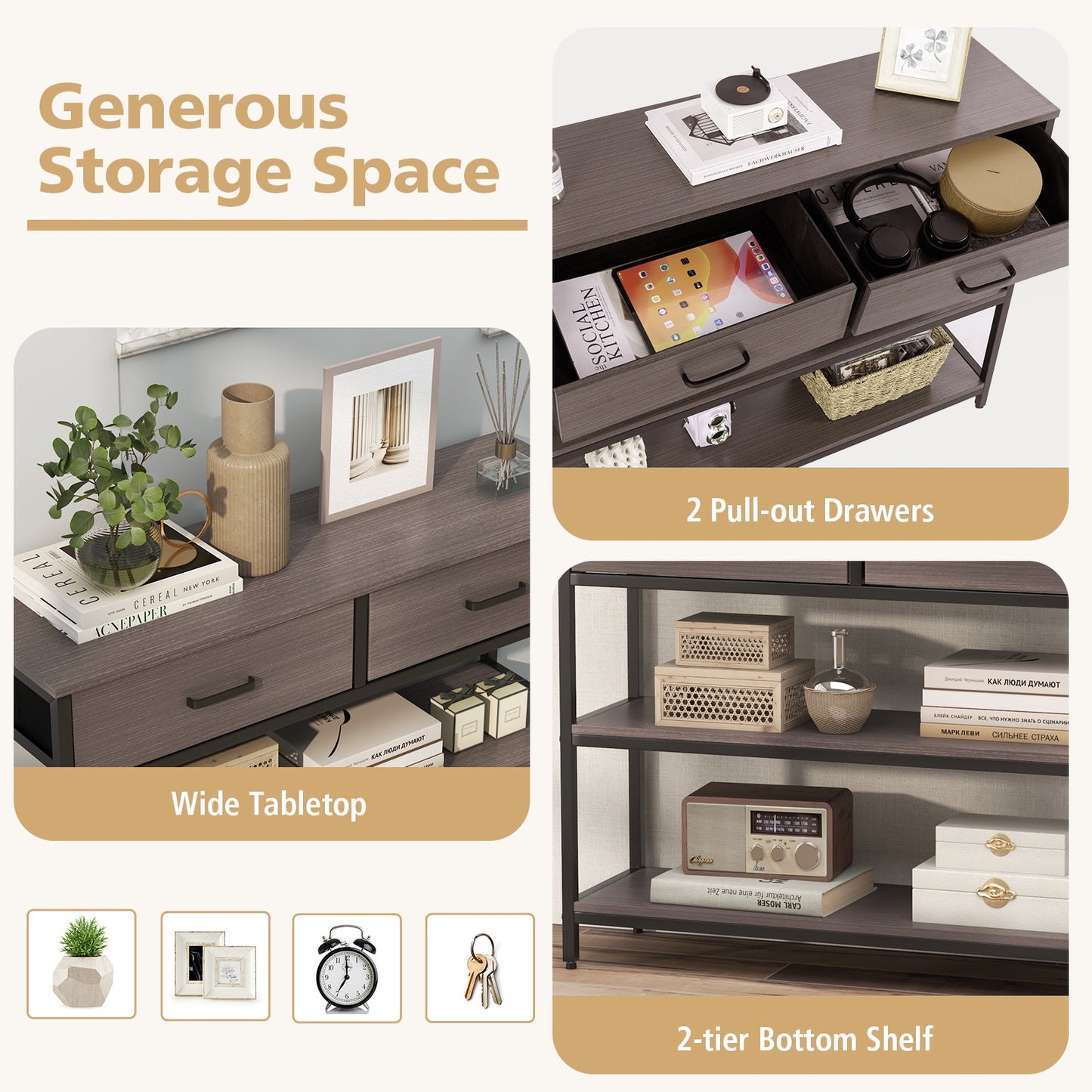 Console Table with Folding Fabric Drawers for Entryway, Gray Console Tables at Gallery Canada