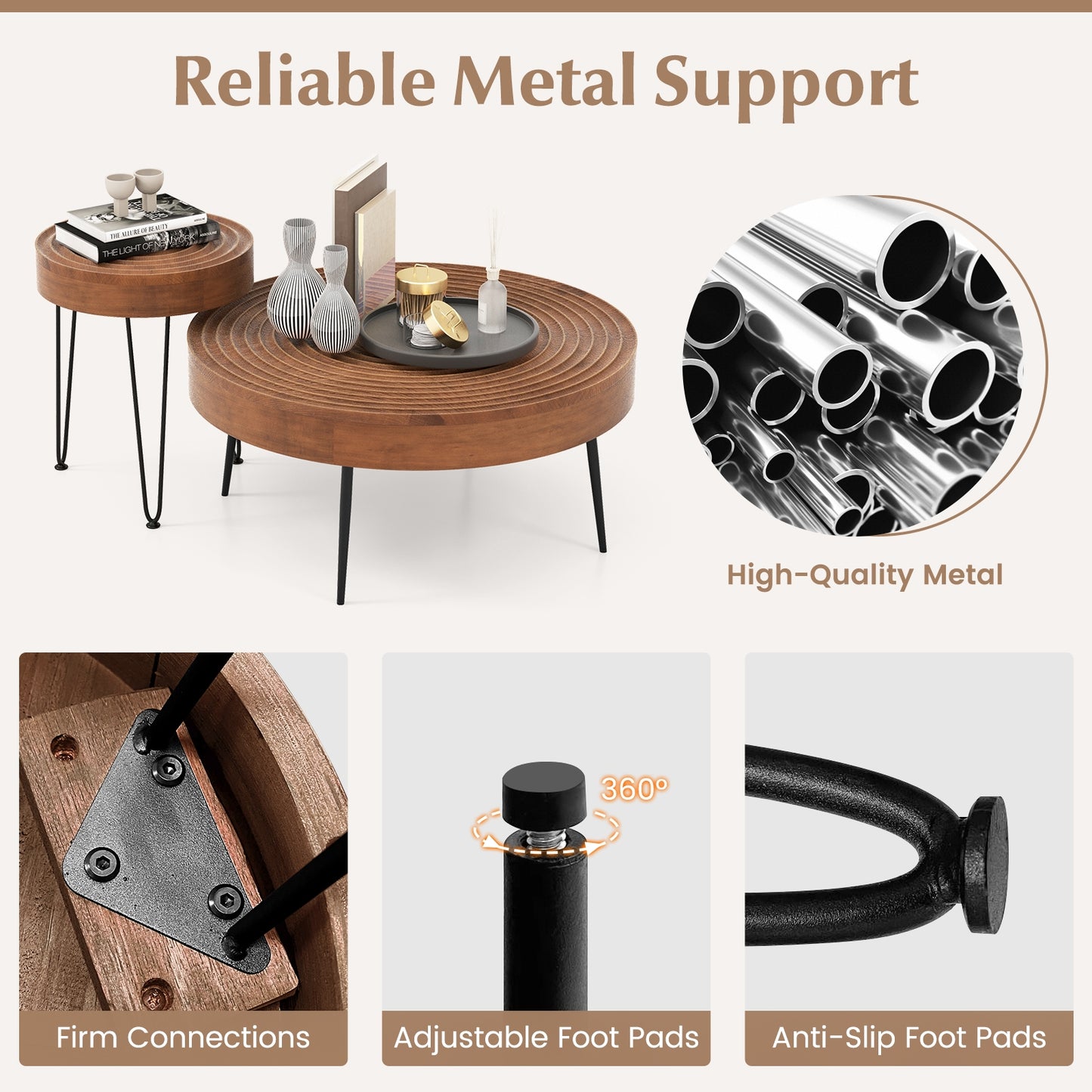 Set of 2 Solid Wood Ring Pattern Farmhouse Round Coffee Tables, Brown Coffee Tables at Gallery Canada