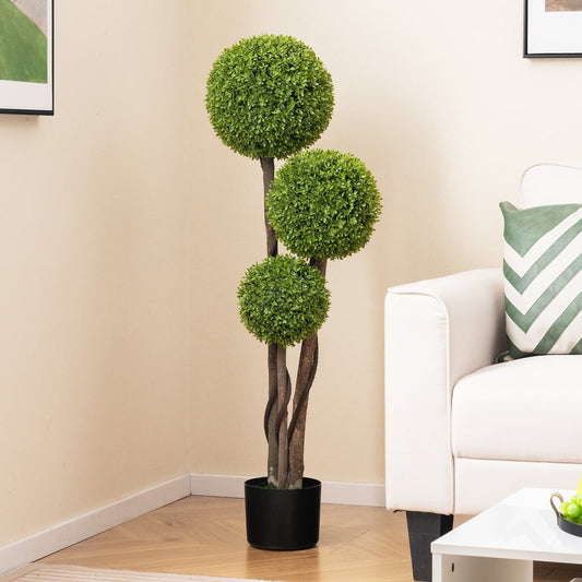 4 FT Artificial Boxwood Topiary Tree, Triple Ball, Weighted Pot, Green