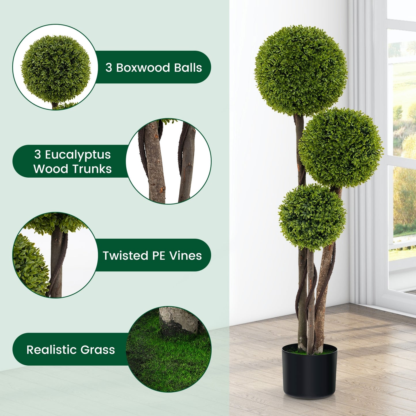 4 FT Artificial Boxwood Topiary Tree, Triple Ball, Weighted Pot, Green Faux Plants at Gallery Canada