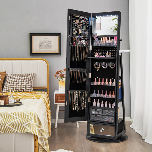 Lockable 360° Swivel Jewelry Cabinet, Full-Length Mirror LED Lights, Black Jewelry Armoires Black at Gallery Canada