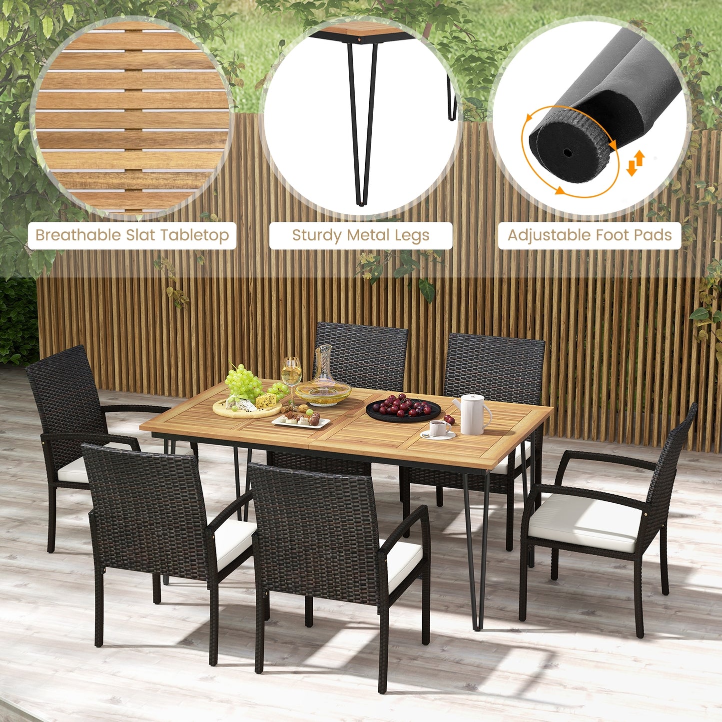 Ensemble de salle à manger de patio 7 pièces, table en bois d'acacia, porche jardin arrière-cour bord de piscine