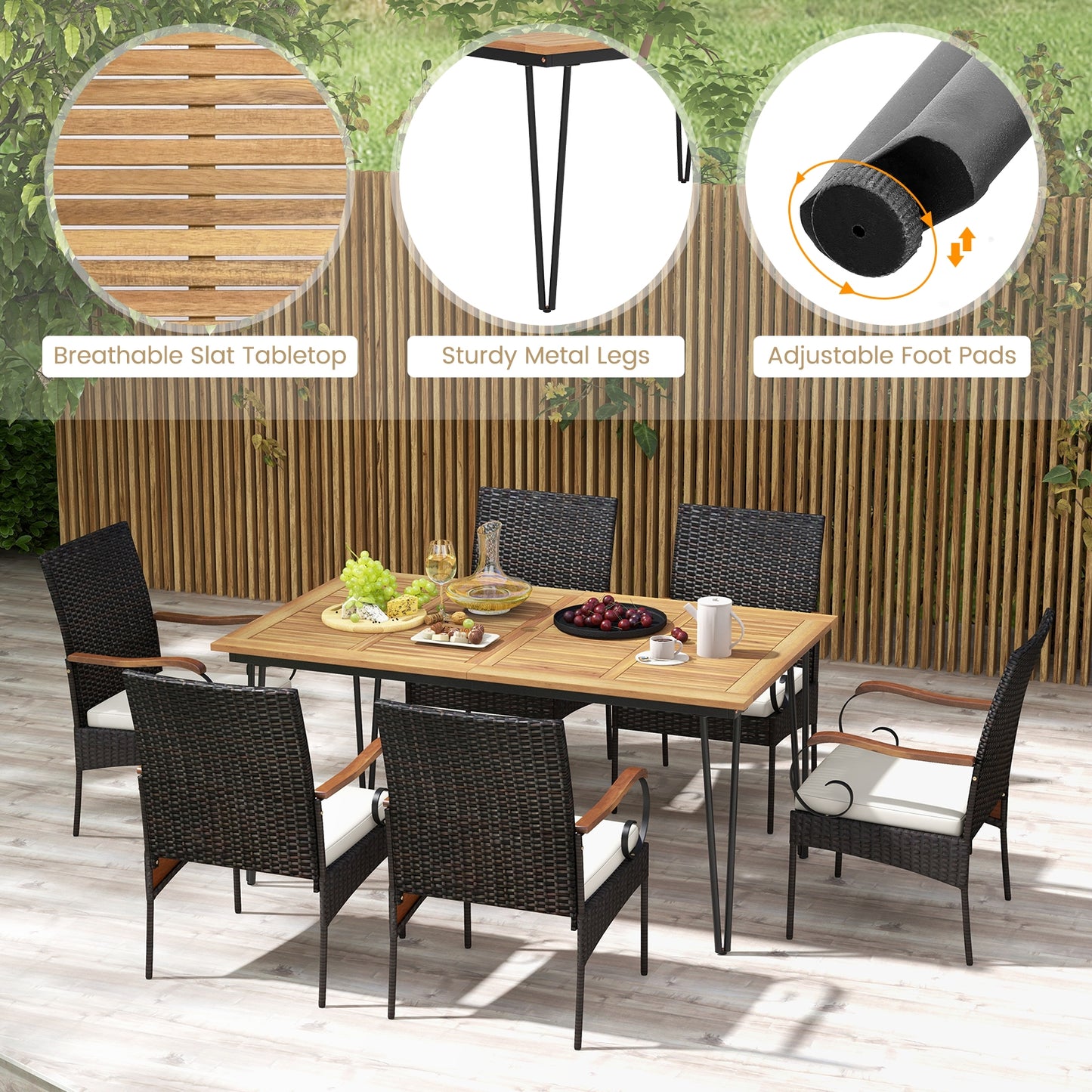 Ensemble de salle à manger de patio 7 pièces, fauteuils en rotin, coussins moelleux, trou pour parapluie de 2"