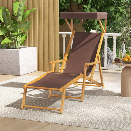 Birch Wood Chaise Lounge Chair, Foldable, Adjustable Canopy, Brown Outdoor Chaise Lounges Brown at Gallery Canada