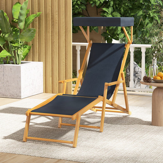 Birch Wood Chaise Lounge Chair, Foldable, Adjustable Canopy, Navy Outdoor Chaise Lounges Navy at Gallery Canada