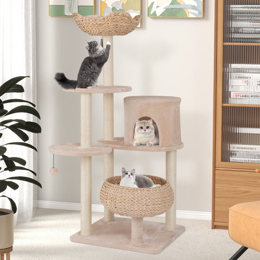 59 Inches Cat Tower, Sisal Scratching Posts, Soft Hammock, Beige Cat Trees Condos & Scratchers Beige at Gallery Canada