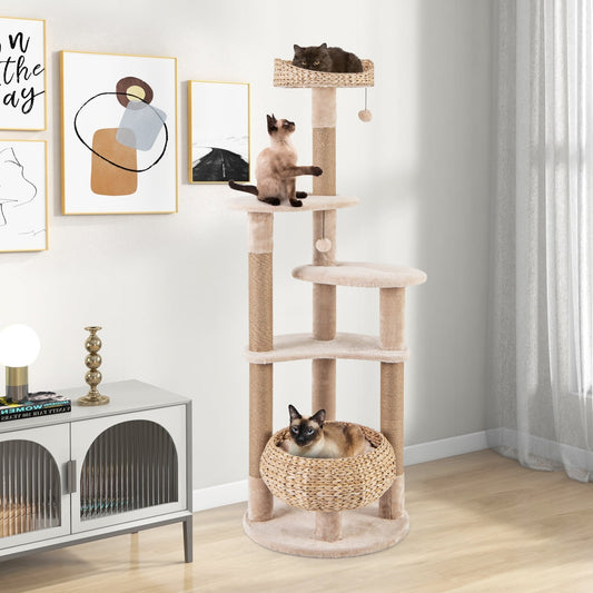 59 Inches Cat Tree With Perch And Soft Hammock, Beige Cat Trees Condos & Scratchers Beige at Gallery Canada