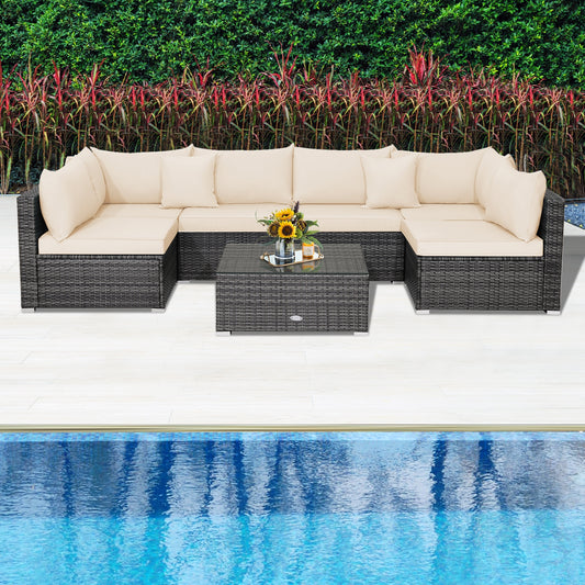 7 Pieces Patio Rattan Furniture Set with Sectional Sofa Cushioned, Beige Outdoor Sectionals Beige at Gallery Canada