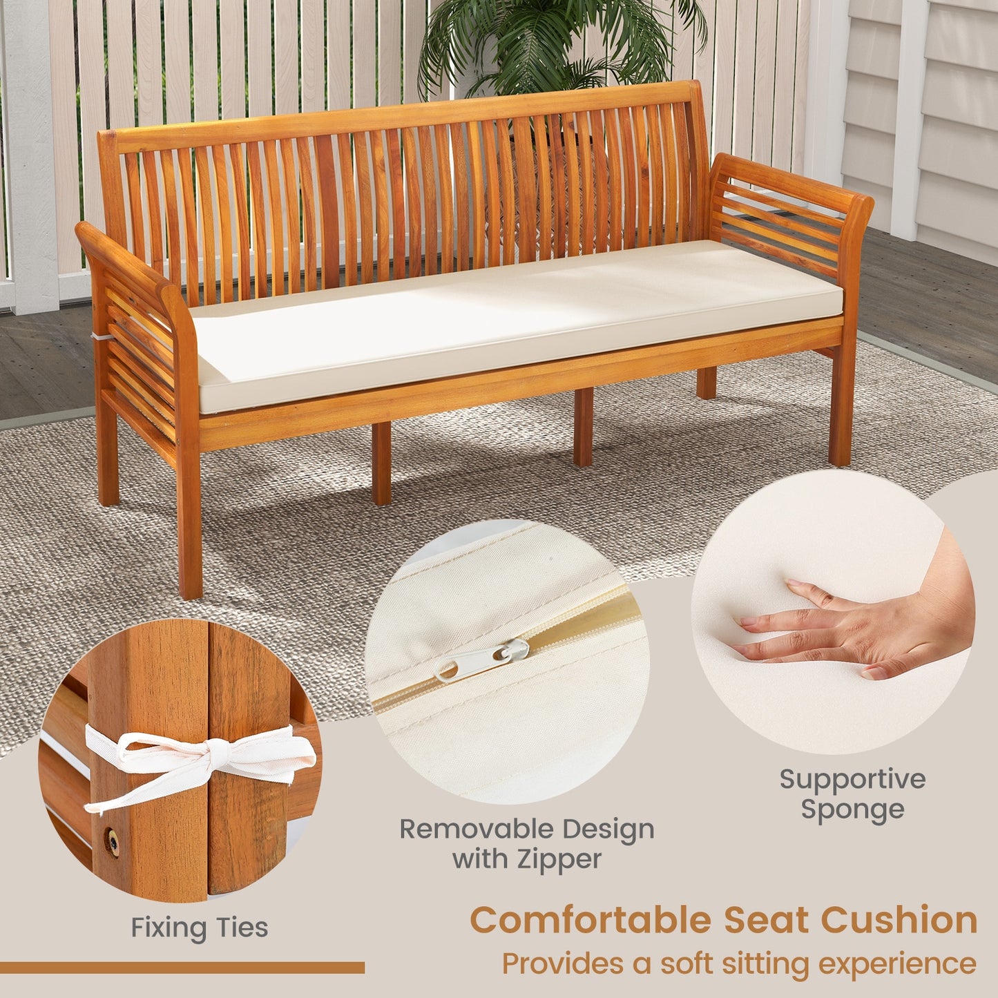 Banc en bois de 62,5 pouces, 3 places, coussins de siège moelleux, blanc