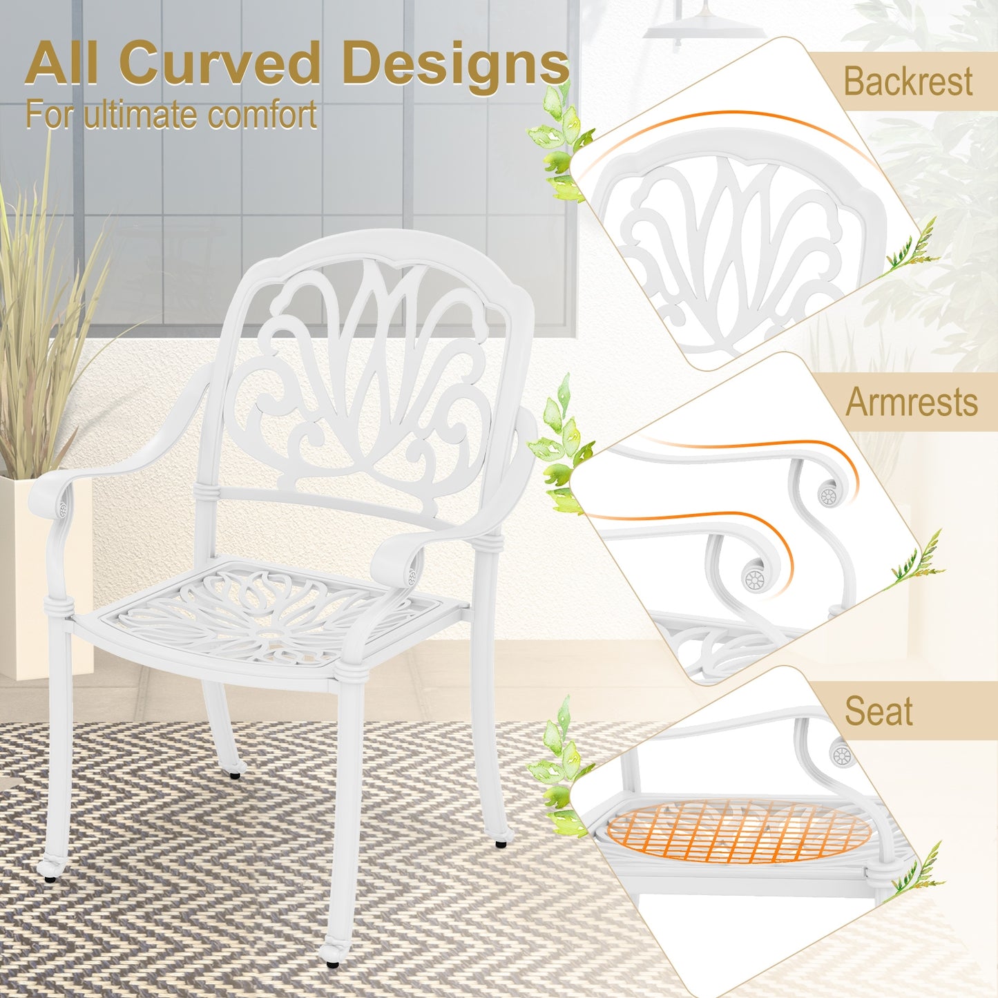Chaises de salle à manger en aluminium coulé pour patio, 2 pièces, avec accoudoirs, blanches