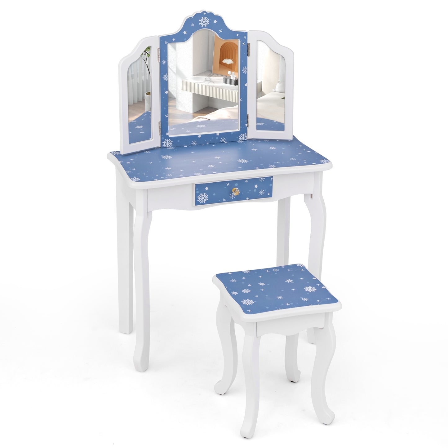 Table de Maquillage pour Jeu d'Imitation et Tabouret, Miroir Tripliant, Bleu
