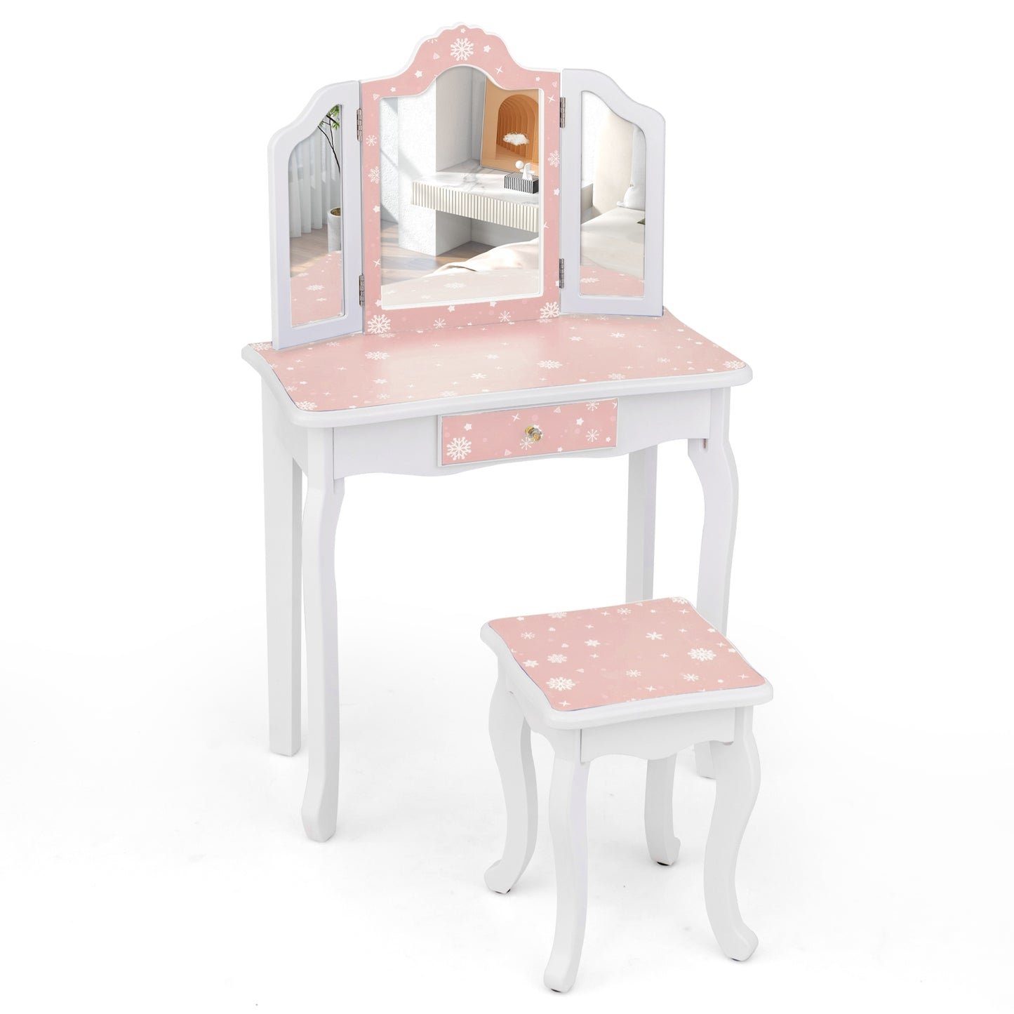Table de Maquillage de Jeu de Princesse, Ensemble de Tabouret, Miroir Tripliant, Rose