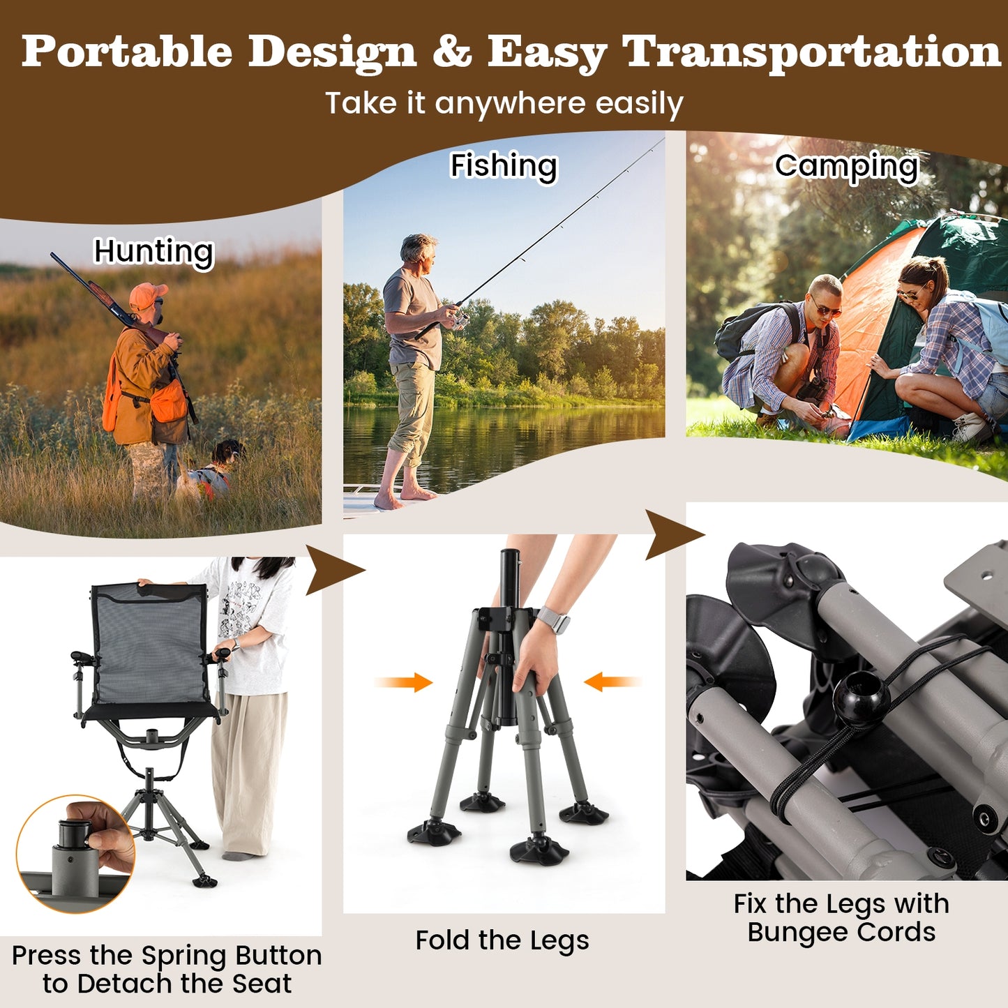 360° Swivel Portable Hunting Chair with Adjustable Legs and Armrests, Black